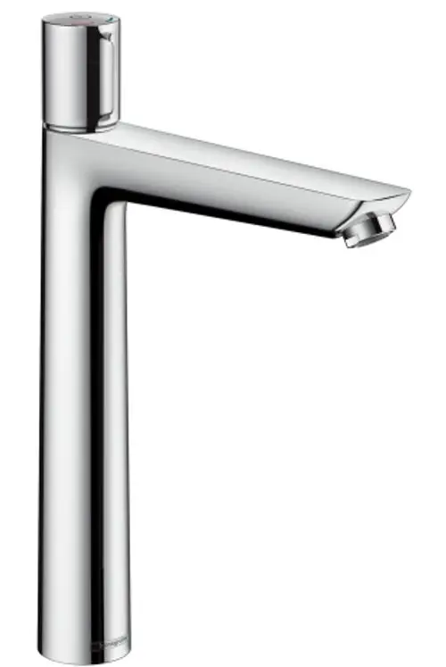 Chromfarbener Waschtischmischer von Hansgrohe mit schlankem design, für Aufsatzwaschtische geeignet. Zugstangen-Ablaufgarnitur integriert.